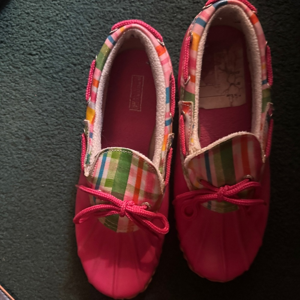 Sperry Pink Plaid Kids Moccasins